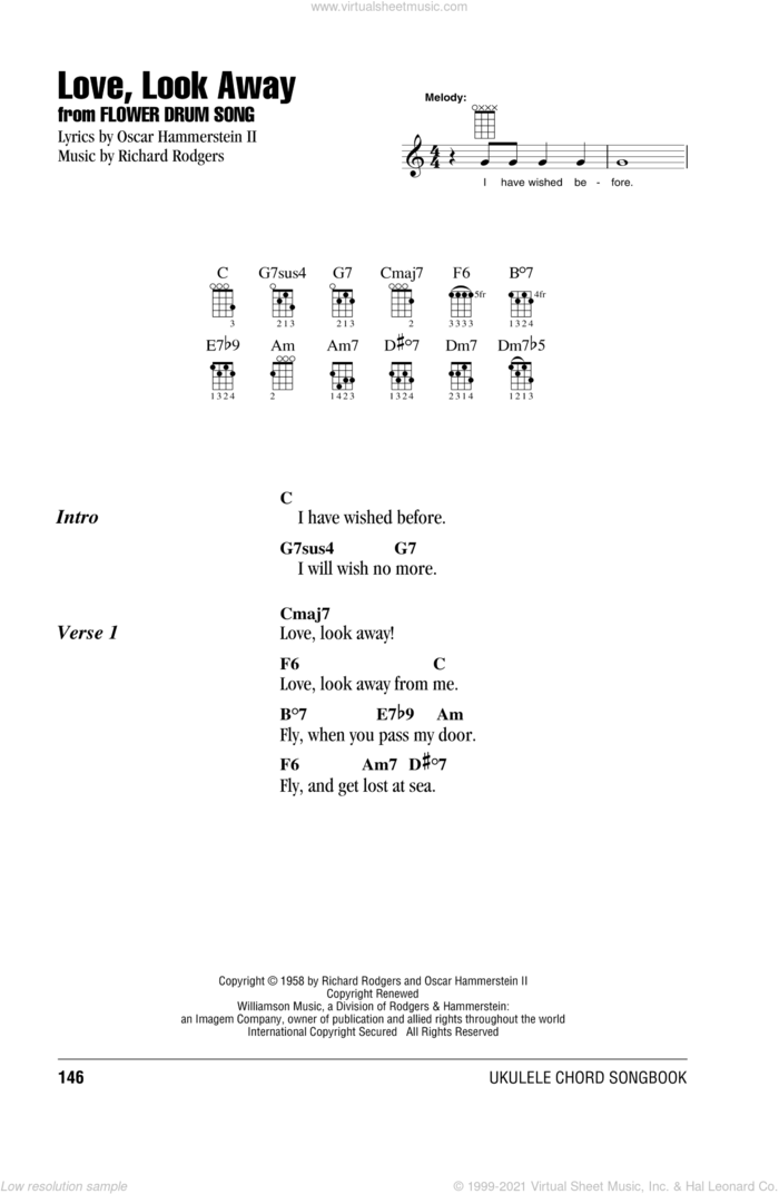 Love, Look Away sheet music for ukulele (chords) by Rodgers & Hammerstein, Oscar II Hammerstein and Richard Rodgers, intermediate skill level