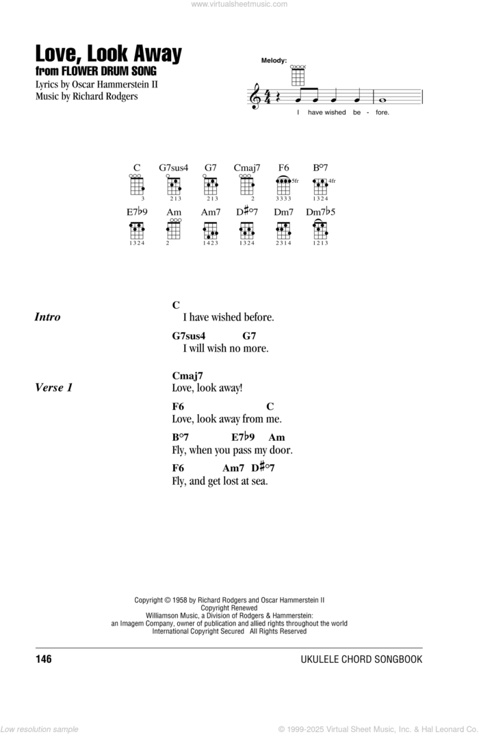 Love, Look Away sheet music for ukulele (chords) by Rodgers & Hammerstein, Oscar II Hammerstein and Richard Rodgers, intermediate skill level