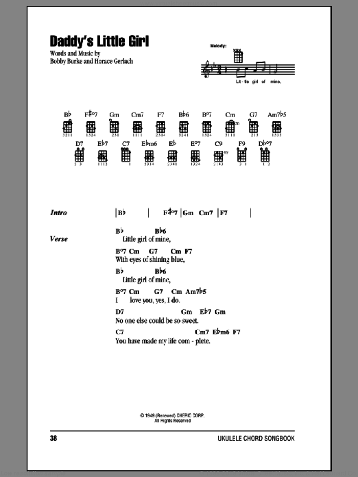 Daddy's Little Girl sheet music for ukulele (chords) by The Mills Brothers, Al Martino, Bobby Burke, Dick Todd and Horace Gerlach, wedding score, intermediate skill level