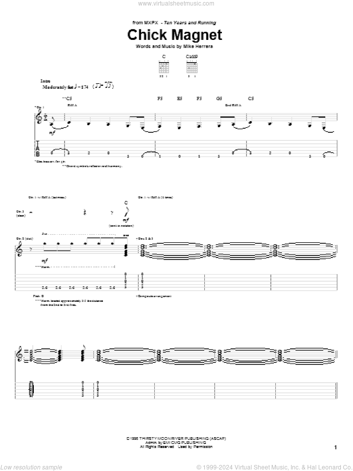 Chick Magnet sheet music for guitar (tablature) by MxPx and Mike Herrera, intermediate skill level
