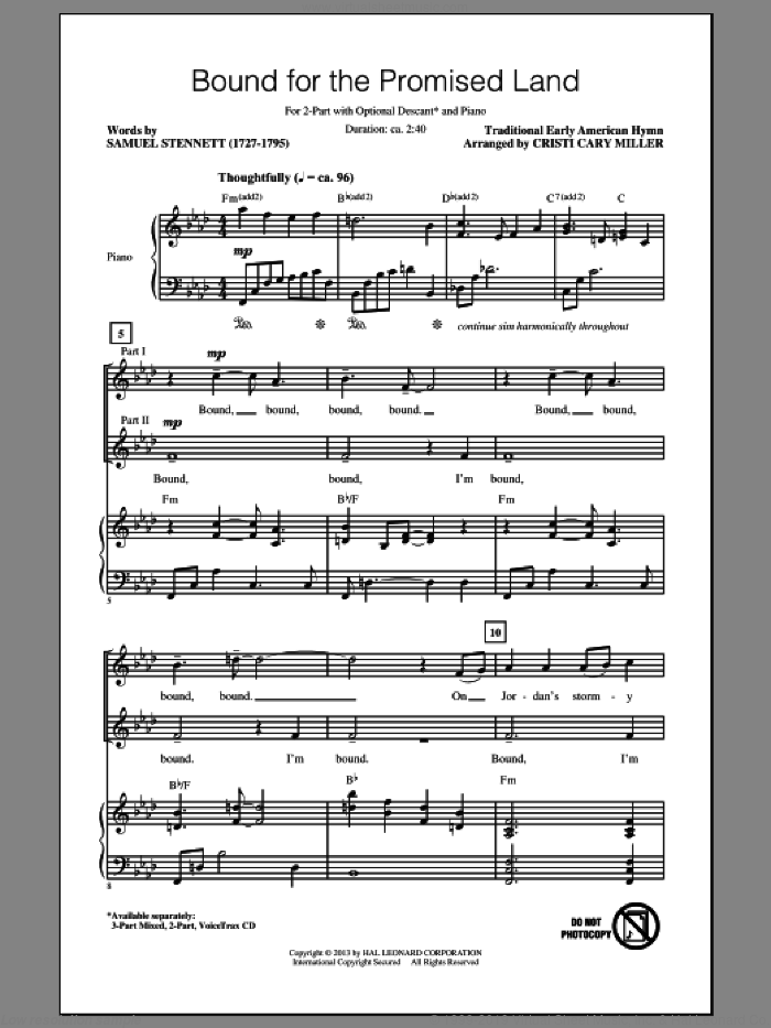 Bound For The Promised Land sheet music for choir (2-Part) by Cristi Cary Miller, intermediate duet