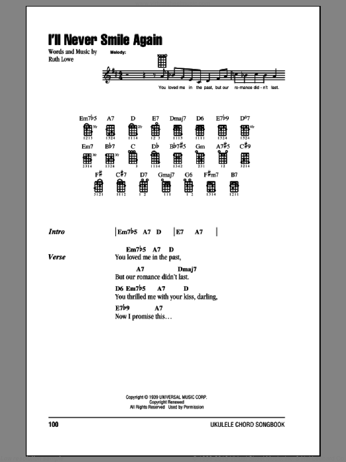 I'll Never Smile Again sheet music for ukulele (chords) by Tommy Dorsey & His Orchestra, Frank Sinatra and Ruth Lowe, intermediate skill level