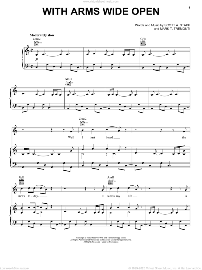 With Arms Wide Open sheet music for voice, piano or guitar by Creed, intermediate skill level