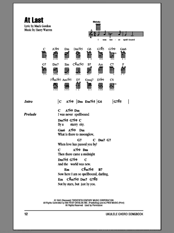At Last sheet music for ukulele (chords) by Glenn Miller & His Orchestra, Celine Dion, Etta James, Harry Warren and Mack Gordon, intermediate skill level