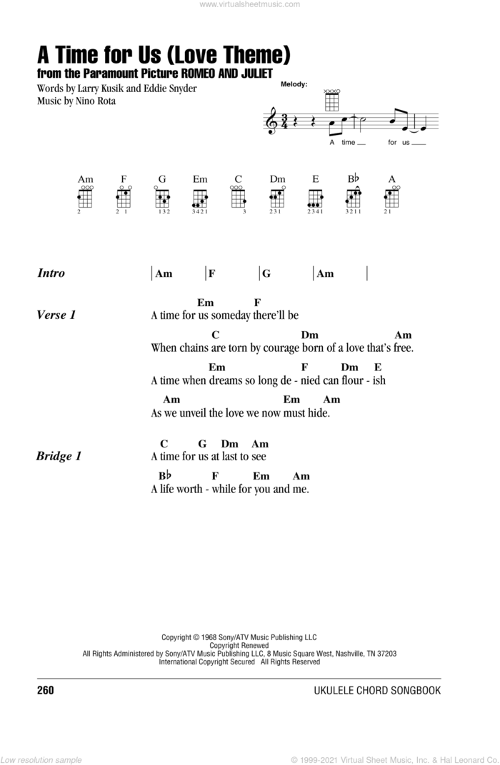 A Time For Us (Love Theme) sheet music for ukulele (chords) by Henry Mancini, Eddie Snyder, Larry Kusik and Nino Rota, intermediate skill level