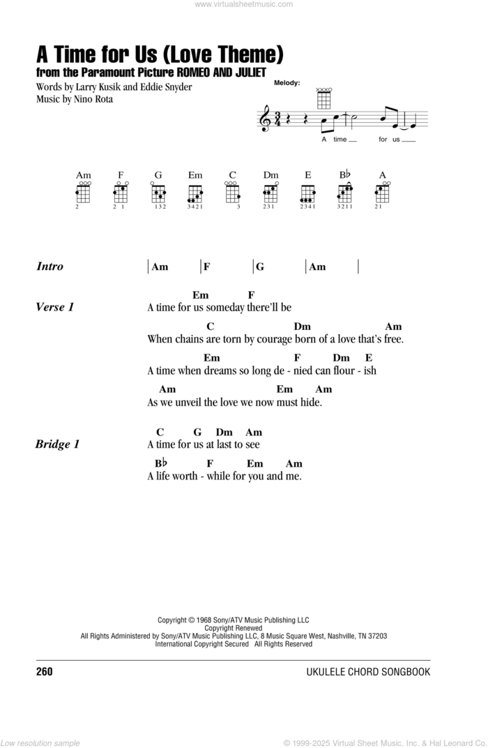 A Time For Us (Love Theme) sheet music for ukulele (chords) by Henry Mancini, Eddie Snyder, Larry Kusik and Nino Rota, intermediate skill level