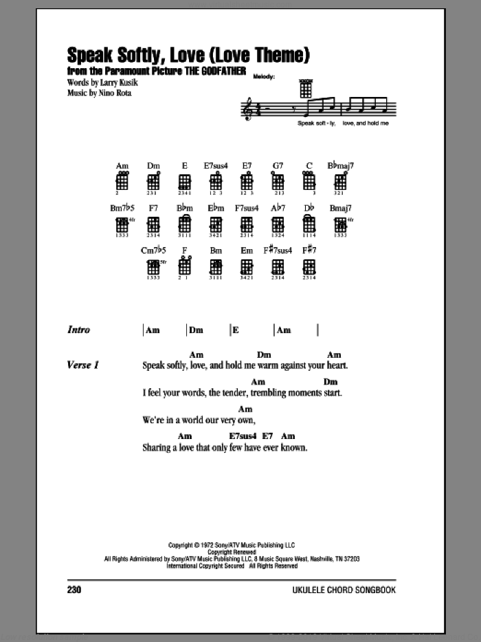 Speak Softly, Love (Love Theme) sheet music for ukulele (chords) by Andy Williams, Larry Kusik and Nino Rota, intermediate skill level