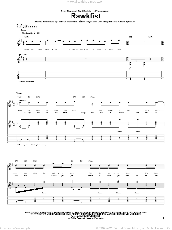 Rawkfist sheet music for guitar (tablature) by Thousand Foot Krutch, Aaron Sprinkle, Joel Bruyere, Steve Augustine and Trevor McNevan, intermediate skill level
