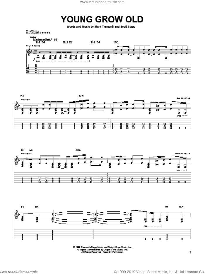 Young Grow Old sheet music for guitar (tablature) by Creed, intermediate skill level