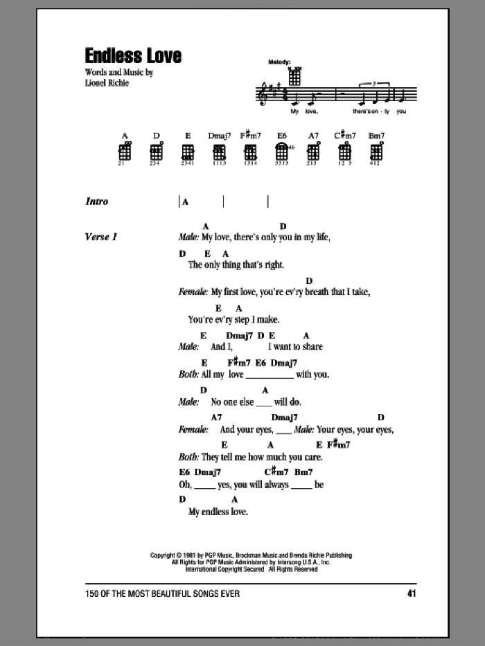 Endless Love sheet music for ukulele (chords) by Lionel Richie, Diana Ross & Lionel Richie, Glee Cast featuring Matthew Morrison and Lea Michele, Lionel Richie feat. Shania Twain and Luther Vandross & Mariah Carey, wedding score, intermediate skill level