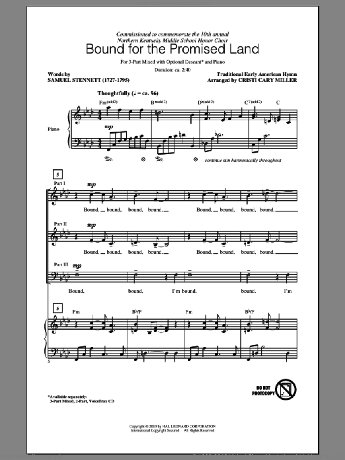 Bound For The Promised Land sheet music for choir (3-Part Mixed) by Cristi Cary Miller, intermediate skill level
