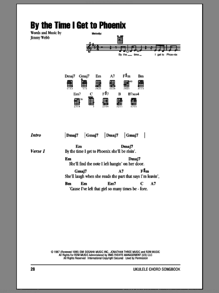 By The Time I Get To Phoenix sheet music for ukulele (chords) by Glen Campbell, Isaac Hayes, Jimmy Webb and Johnny Rivers, intermediate skill level