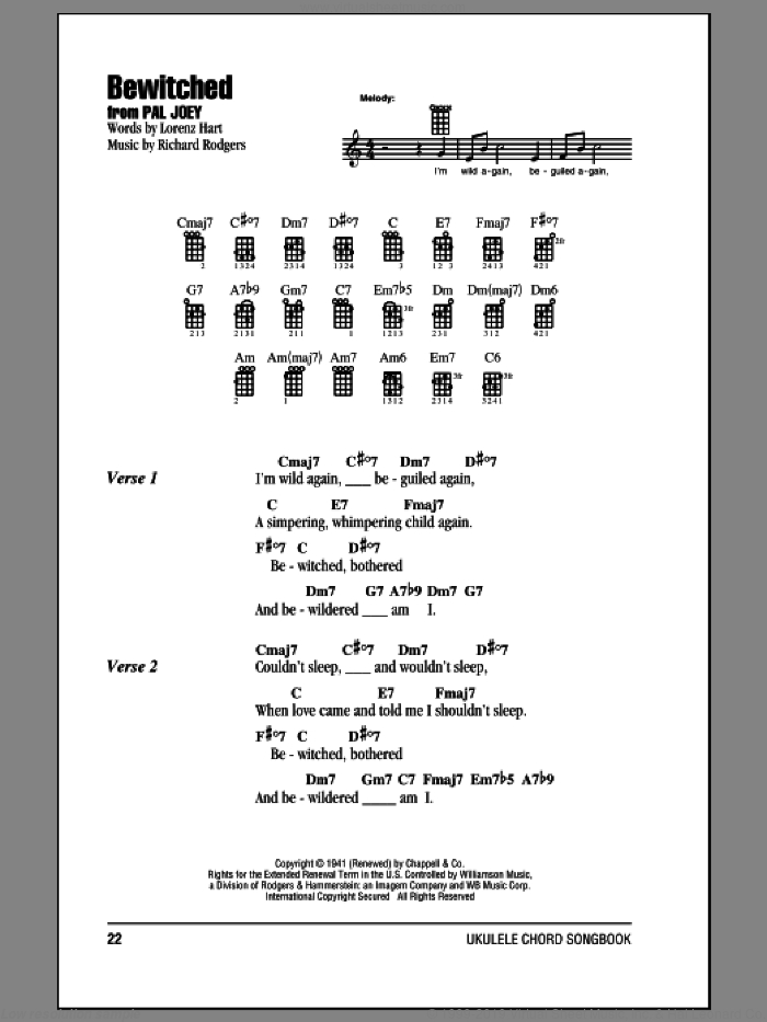 Bewitched sheet music for ukulele (chords) by Rodgers & Hart, Lorenz Hart and Richard Rodgers, intermediate skill level
