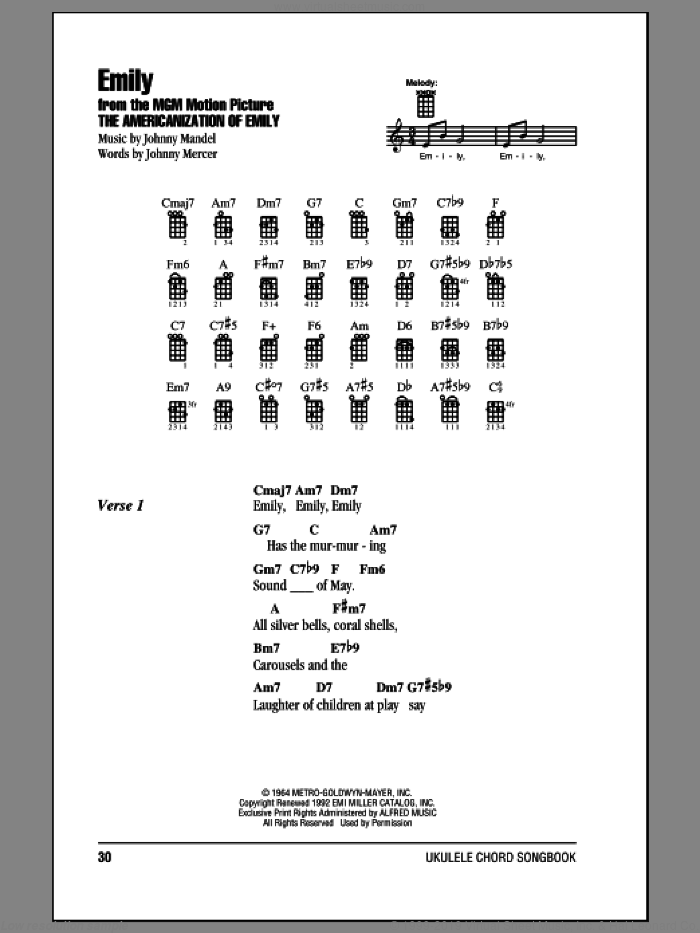 Emily sheet music for ukulele (chords) by Johnny Mandel and Johnny Mercer, intermediate skill level