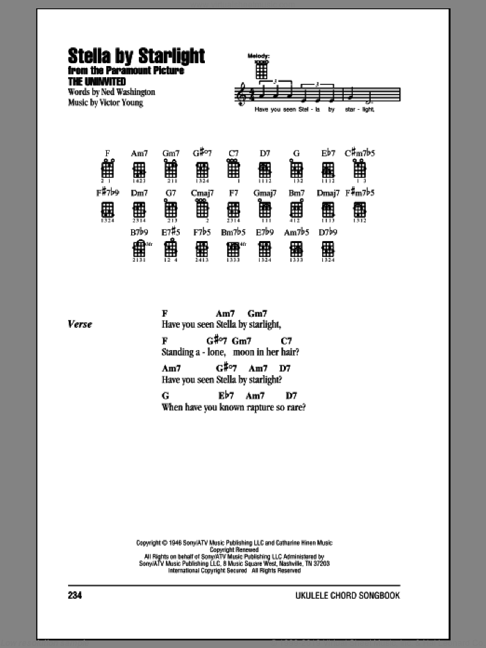 Stella By Starlight sheet music for ukulele (chords) by Ray Charles, Ned Washington and Victor Young, intermediate skill level