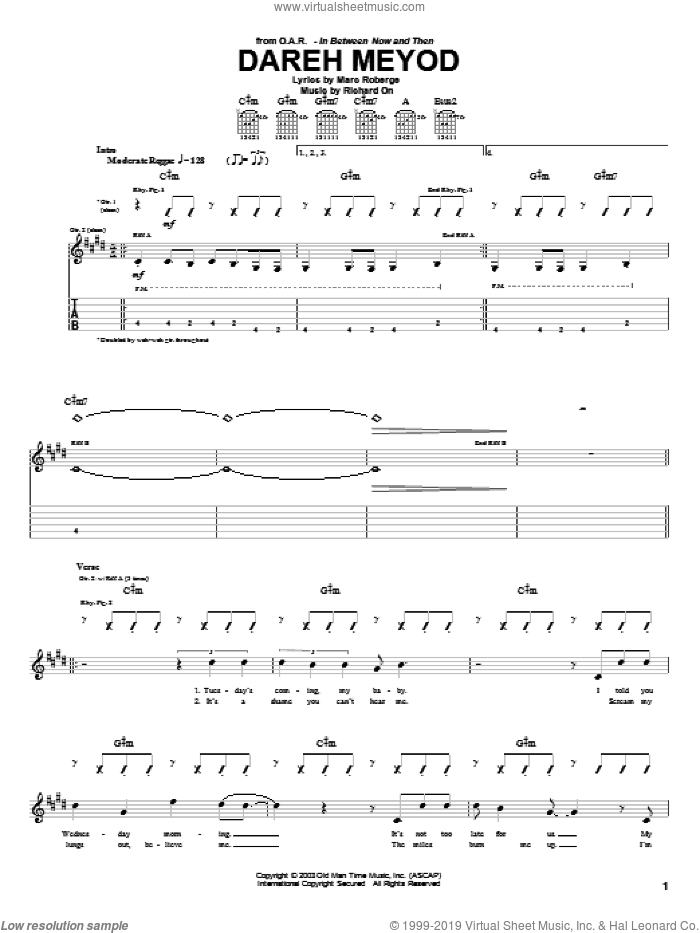 Dareh Meyod sheet music for guitar (tablature) by O.A.R., Marc Roberge and Richard On, intermediate skill level