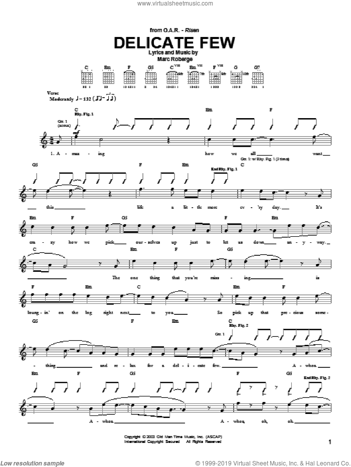 Delicate Few sheet music for guitar (tablature) by O.A.R. and Marc Roberge, intermediate skill level