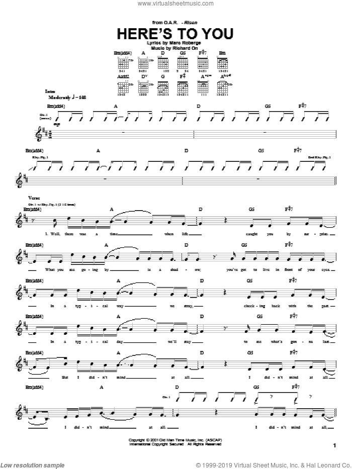 Here's To You sheet music for guitar (tablature) by O.A.R., Marc Roberge and Richard On, intermediate skill level