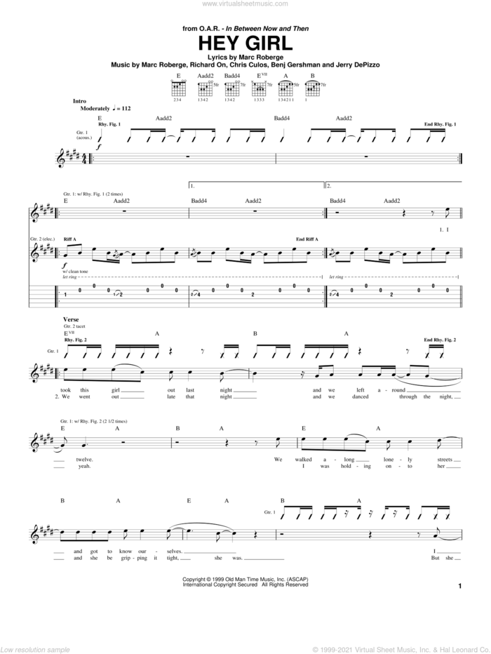 Hey Girl sheet music for guitar (tablature) by O.A.R., Benj Gershman, Chris Culos, Jerry DePizzo, Marc Roberge and Richard On, intermediate skill level