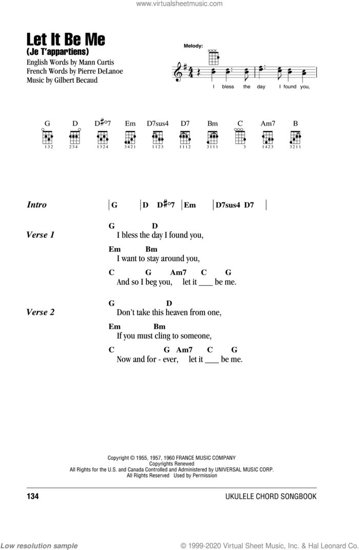 Let It Be Me (Je T'appartiens) sheet music for ukulele (chords) by Everly Brothers, Betty Everett & Jerry Butler, Elvis Presley, Gilbert Becaud, Mann Curtis, Miscellaneous and Pierre Delanoe, intermediate skill level