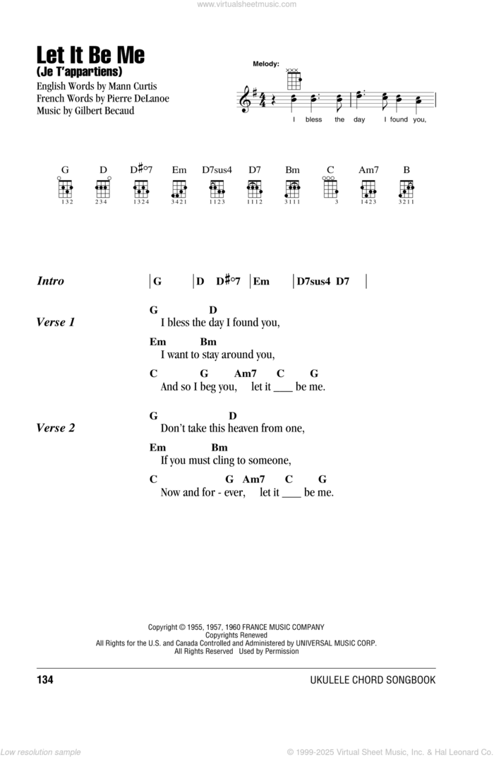 Let It Be Me (Je T'appartiens) sheet music for ukulele (chords) by Everly Brothers, Betty Everett & Jerry Butler, Elvis Presley, Gilbert Becaud, Mann Curtis, Miscellaneous and Pierre Delanoe, intermediate skill level