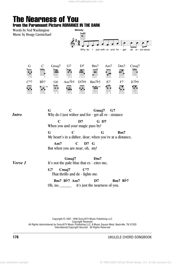 The Nearness Of You sheet music for ukulele (chords) by Hoagy Carmichael, George Shearing and Ned Washington, intermediate skill level