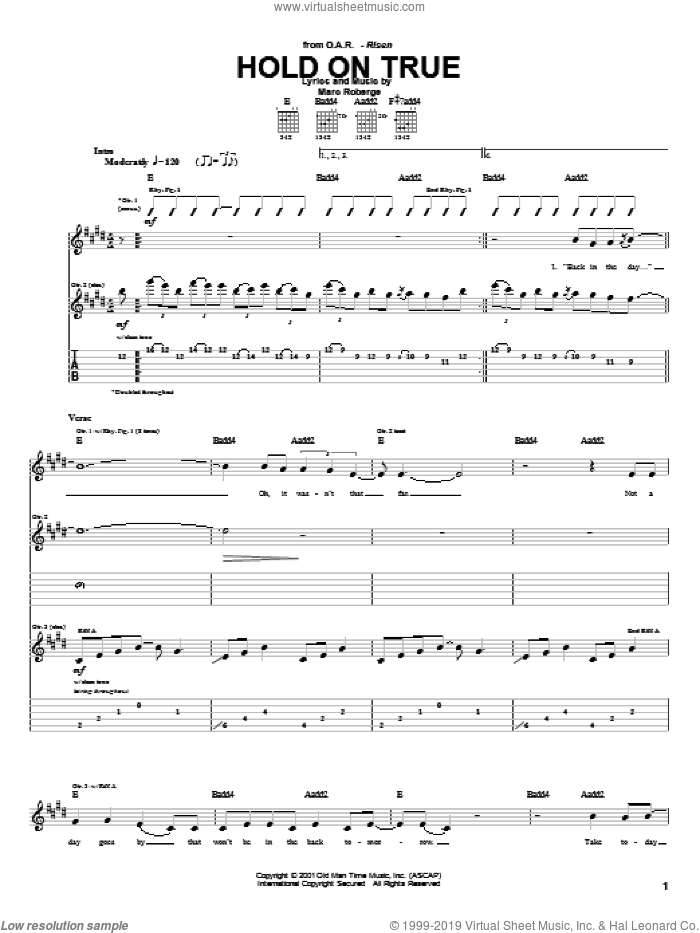 Hold On True sheet music for guitar (tablature) by O.A.R. and Marc Roberge, intermediate skill level