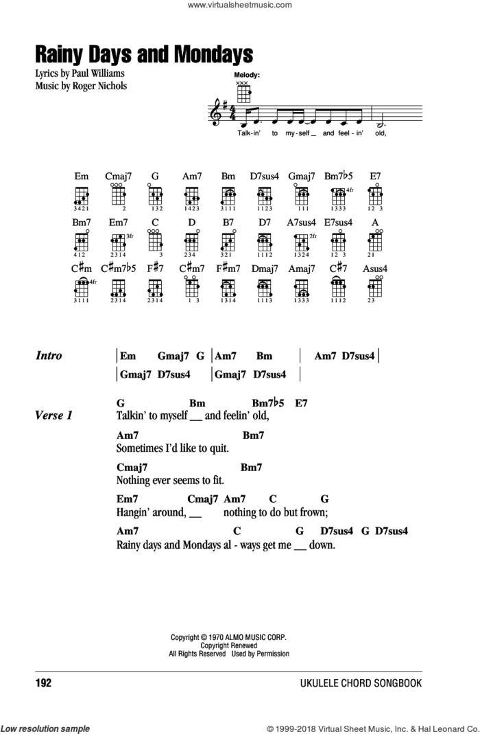 Rainy Days And Mondays sheet music for ukulele (chords) by Carpenters, Paul Williams and Roger Nichols, intermediate skill level