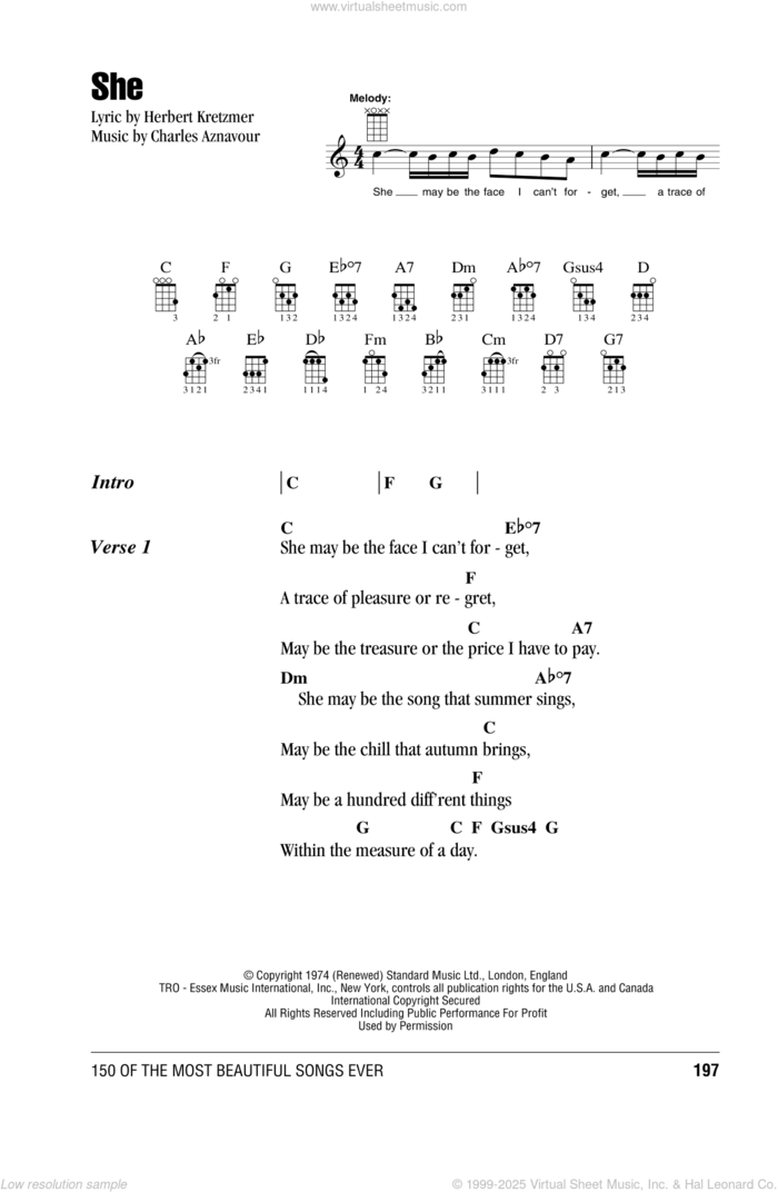 She sheet music for ukulele (chords) by Elvis Costello, Charles Aznavour and Herbert Kretzmer, intermediate skill level