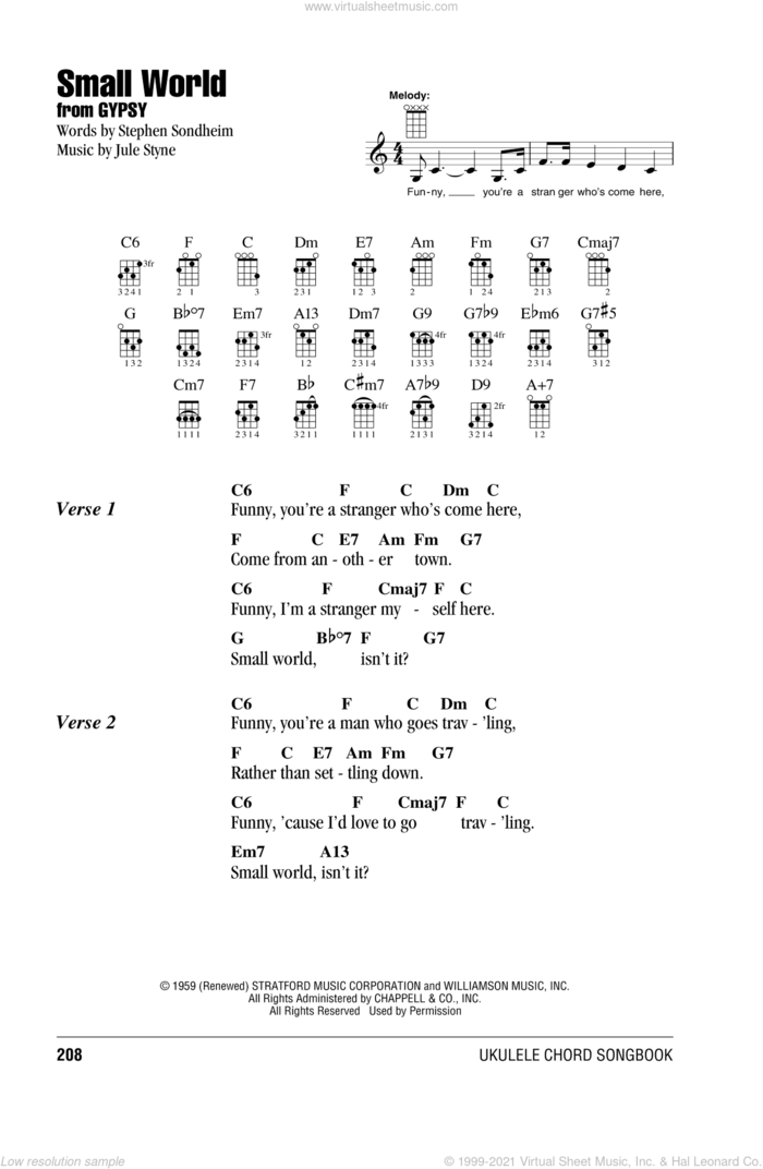 Small World sheet music for ukulele (chords) by Stephen Sondheim and Jule Styne, intermediate skill level