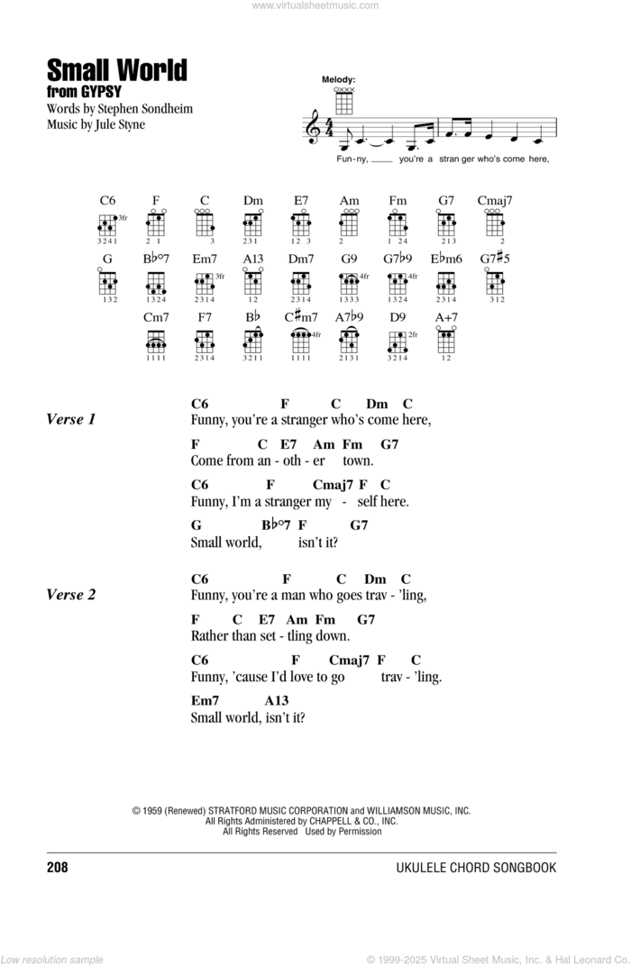 Small World sheet music for ukulele (chords) by Stephen Sondheim and Jule Styne, intermediate skill level