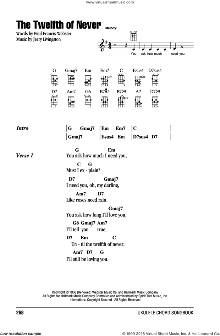 The Twelfth Of Never sheet music for ukulele (chords) by Johnny Mathis, Donny Osmond, Jerry Livingston and Paul Francis Webster, intermediate skill level
