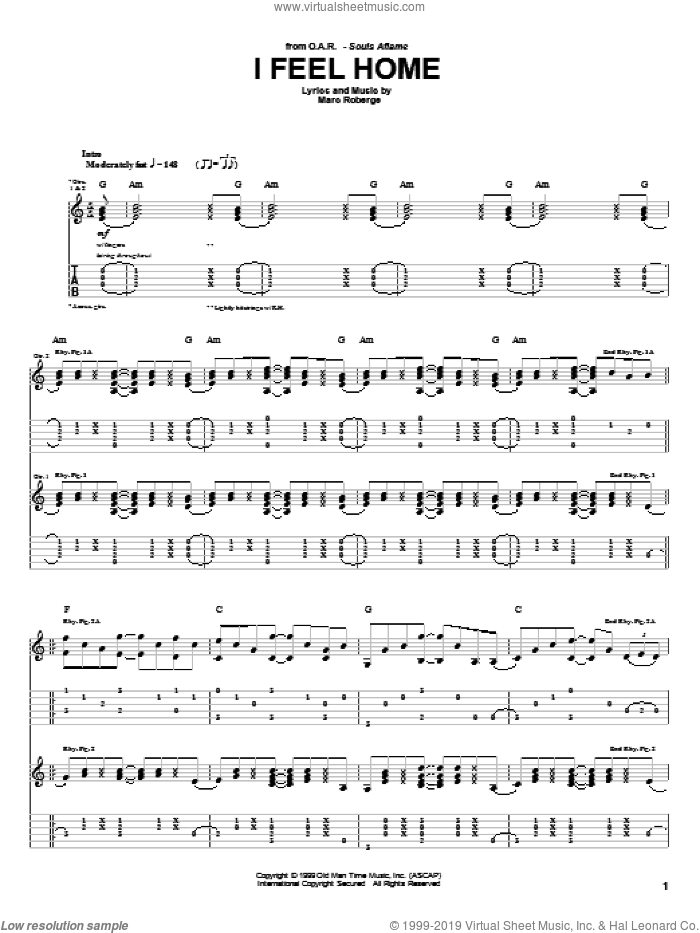 I Feel Home sheet music for guitar (tablature) by O.A.R. and Marc Roberge, intermediate skill level