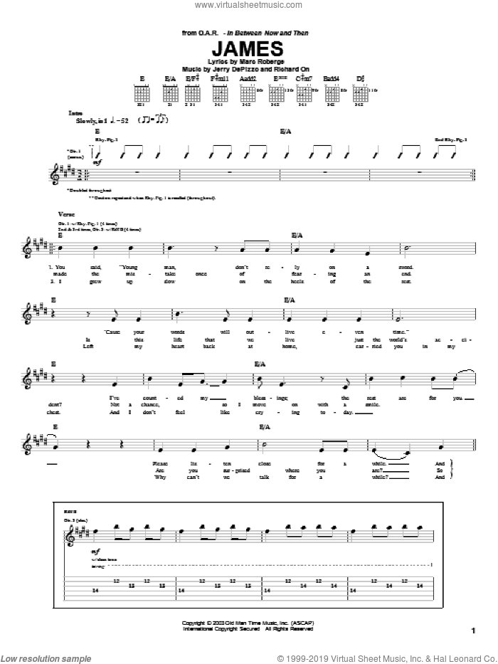 James sheet music for guitar (tablature) by O.A.R., Jerry DePizzo, Marc Roberge and Richard On, intermediate skill level