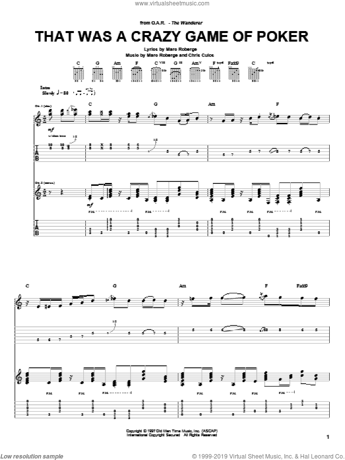 That Was A Crazy Game Of Poker sheet music for guitar (tablature) by O.A.R., Chris Culos and Marc Roberge, intermediate skill level