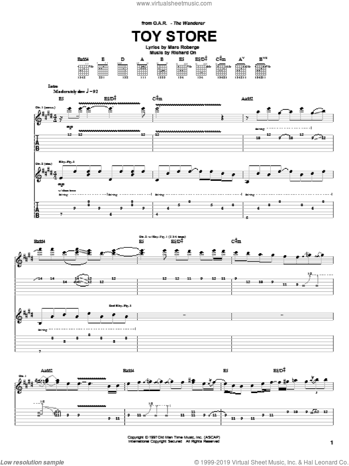 Toy Store sheet music for guitar (tablature) by O.A.R., Marc Roberge and Richard On, intermediate skill level
