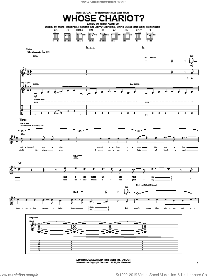 Whose Chariot? sheet music for guitar (tablature) by O.A.R., Benj Gershman, Chris Culos, Jerry DePizzo, Marc Roberge and Richard On, intermediate skill level