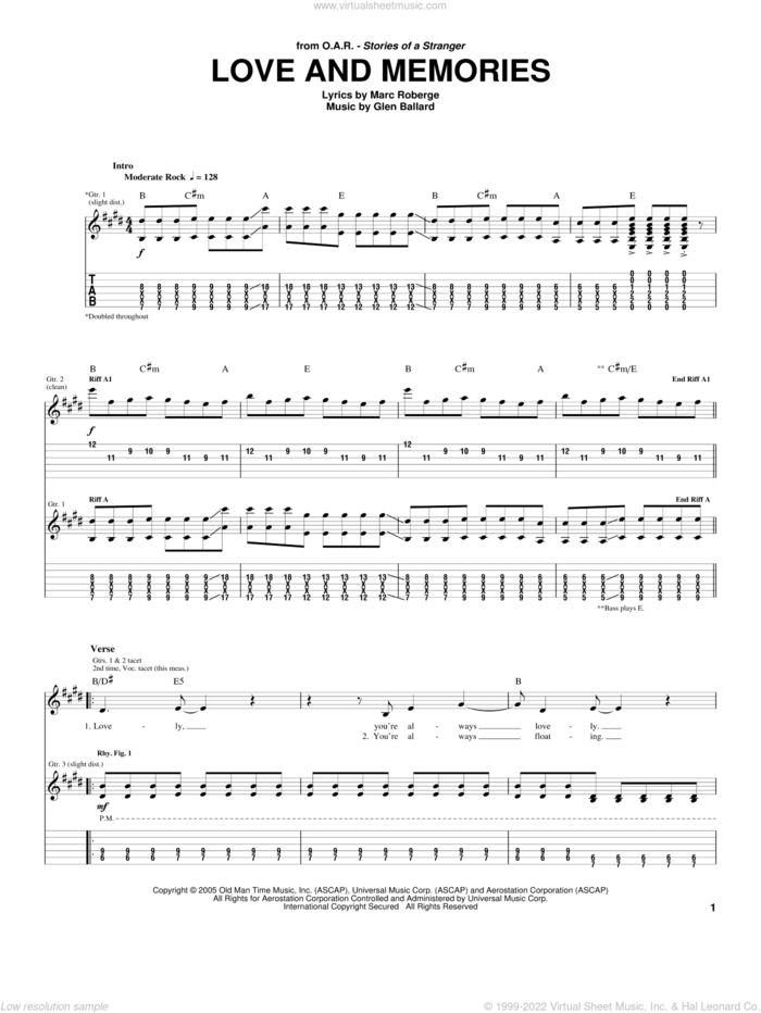 Love and Memories sheet music for guitar (tablature) by O.A.R., Glen Ballard and Marc Roberge, intermediate skill level