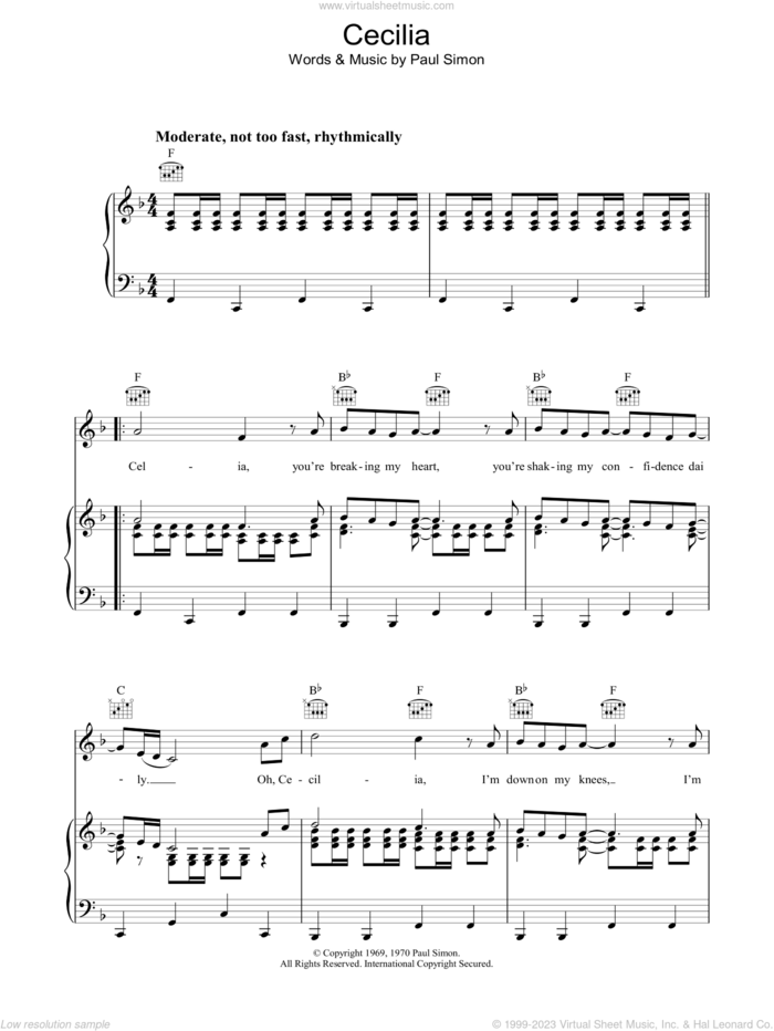 Cecilia sheet music for voice, piano or guitar by Simon & Garfunkel and Paul Simon, intermediate skill level