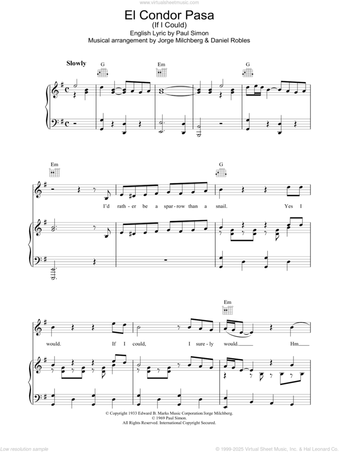 El Condor Pasa (If I Could) sheet music for voice, piano or guitar by Simon & Garfunkel, Daniel Robles, Jorge Milchberg and Miscellaneous, intermediate skill level