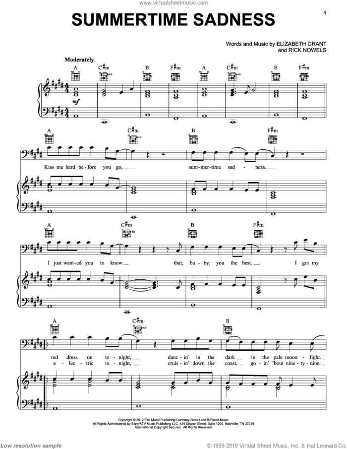 Summertime Sadness sheet music for voice, piano or guitar by Lana Del Rey and Lana Del Ray, intermediate skill level
