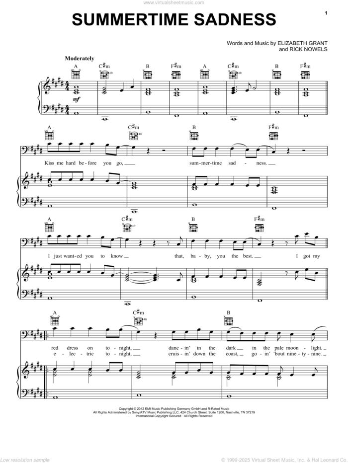 Summertime Sadness sheet music for voice, piano or guitar by Lana Del Rey and Lana Del Ray, intermediate skill level