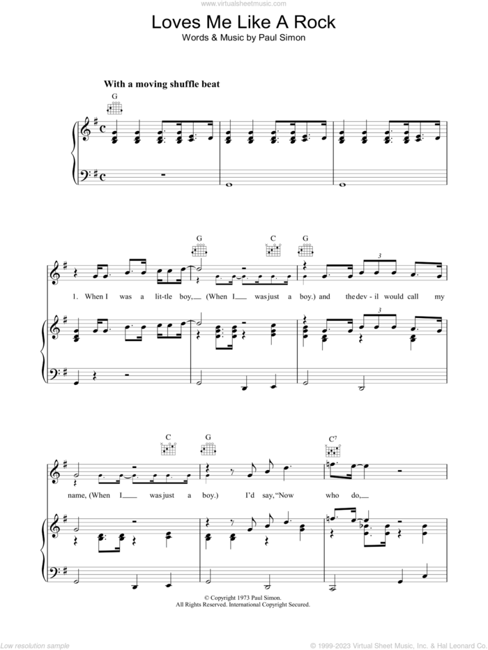 Loves Me Like A Rock sheet music for voice, piano or guitar by Paul Simon, intermediate skill level