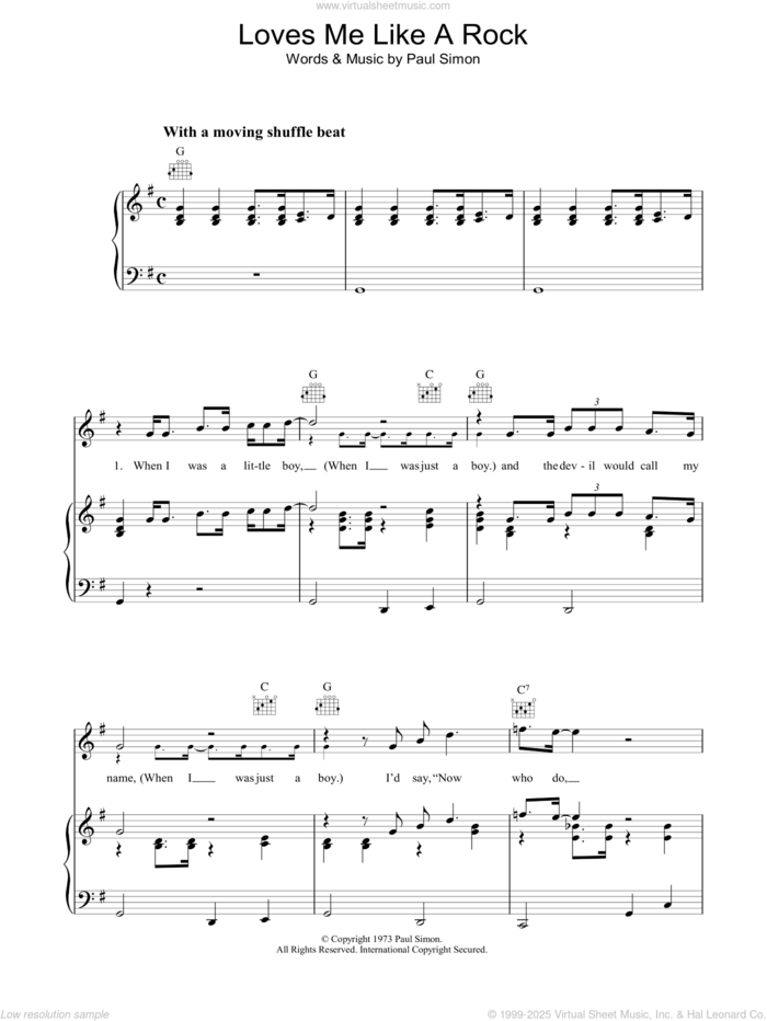 Loves Me Like A Rock sheet music for voice, piano or guitar by Paul Simon, intermediate skill level