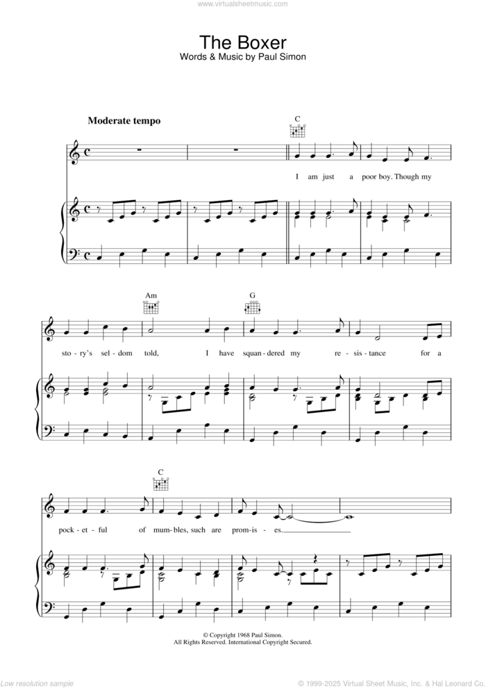 The Boxer sheet music for voice, piano or guitar by Simon & Garfunkel and Paul Simon, intermediate skill level