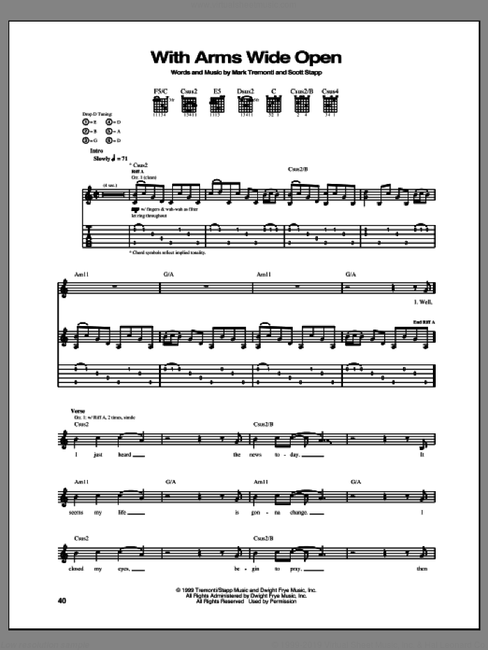 With Arms Wide Open sheet music for guitar (tablature) by Creed, intermediate skill level