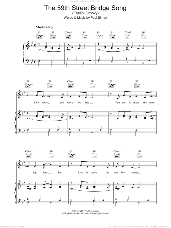 The 59th Street Bridge Song (Feelin' Groovy) sheet music for voice, piano or guitar by Simon & Garfunkel and Paul Simon, intermediate skill level