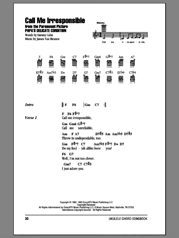 Call Me Irresponsible sheet music for ukulele (chords) by Frank Sinatra, Dinah Washington, Jack Jones, Jimmy van Heusen and Sammy Cahn, intermediate skill level