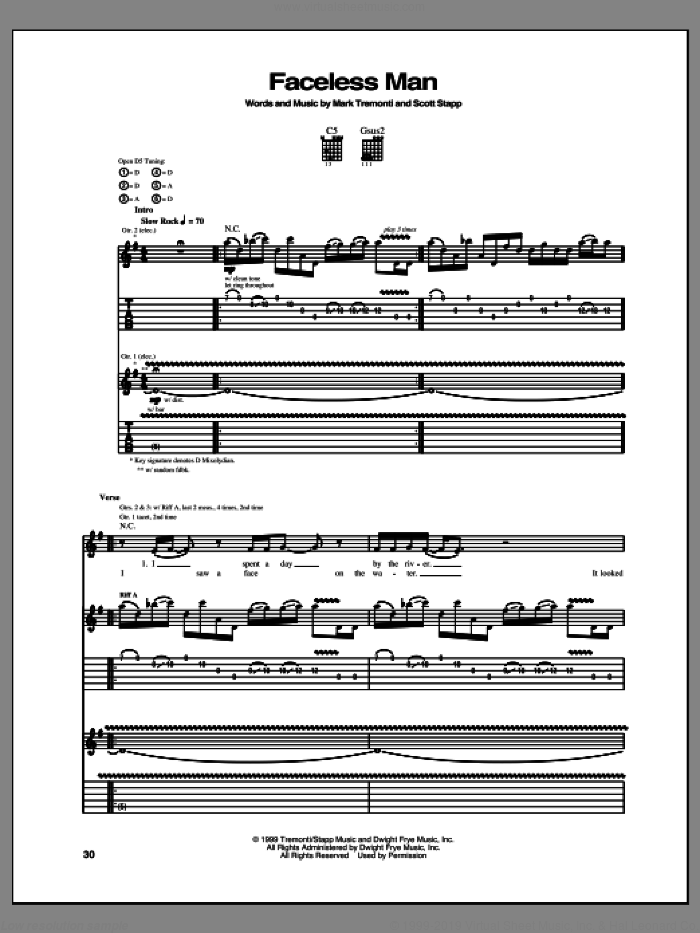 Faceless Man sheet music for guitar (tablature) by Creed, intermediate skill level