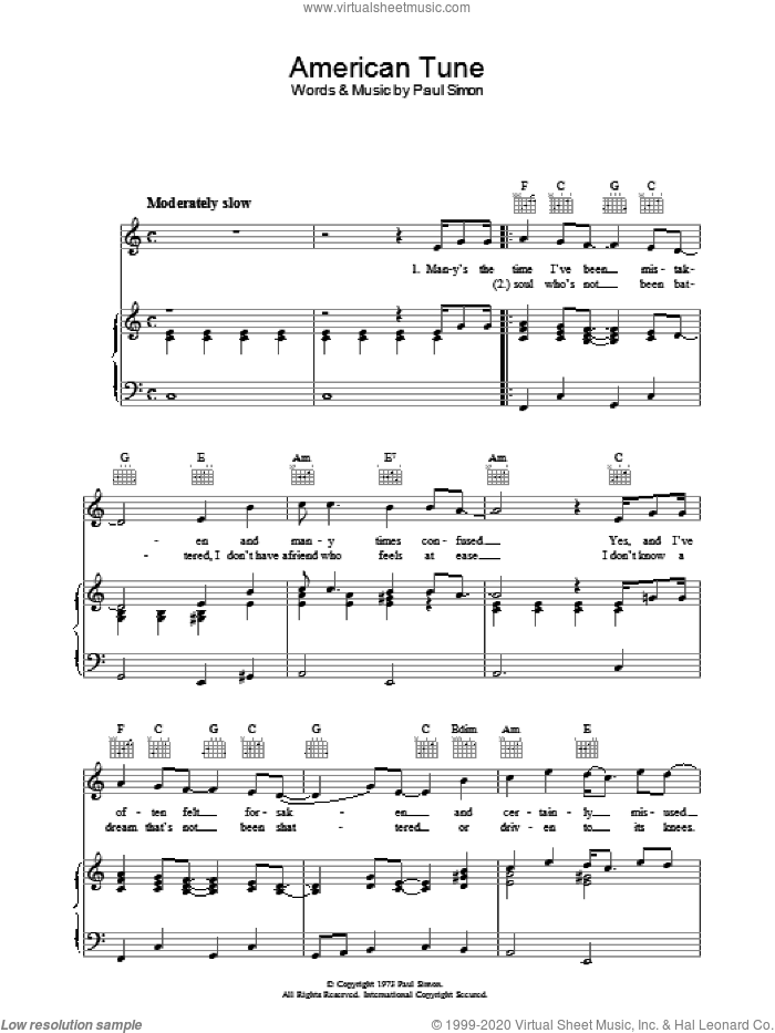 American Tune sheet music for voice, piano or guitar by Paul Simon, intermediate skill level